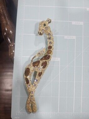 HUGE! Gold Tone Jeweled Giraffe Brooch with Brown Enamel Accents